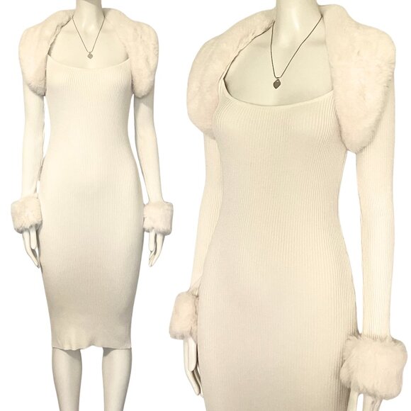 Vintage Y2K Cream Sweater Dress Faux Fur Trim Midi Bodycon S/M Off White McBling - Picture 1 of 13